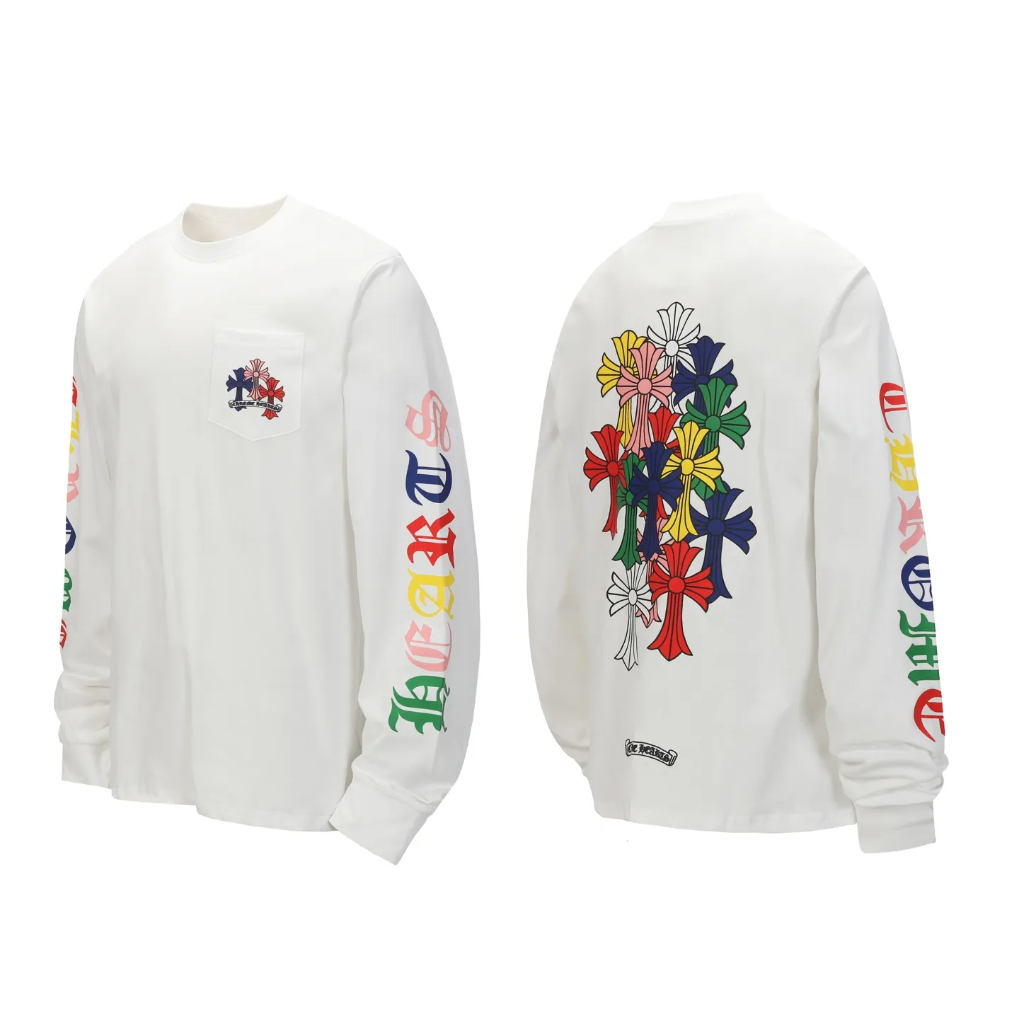 P160 -Chrome Hearts/Chrome Hearts Colorful Cross ✝️Sanskrit letters explosive long-sleeved T-shirt -High weight, high density and high quality. The wool is soft, delicate and skin-friendly. It feels soft and silky. It has excellent warmth and skin-friendly properties.